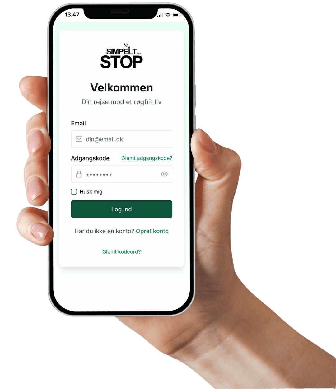 Simpel Stop app login interface på mobil